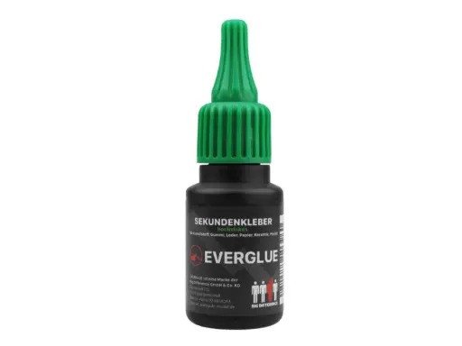 Flasche mit grünem Verschluss, die hochviskosen Cyanacrylatkleber der Marke EVERGLUE enthält. Ideal für Kunststoff, Gummi, Leder, Papier und Metall.