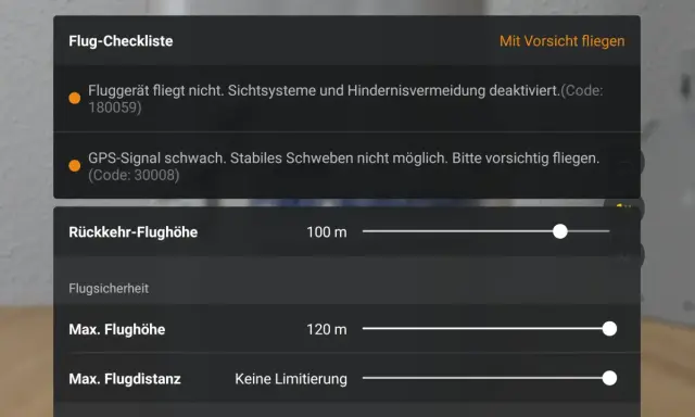 Flug-Checkliste in der DJI Fly App: Fluggerät fliegt nicht, GPS-Signal schwach. Bitte vorsichtig fliegen.