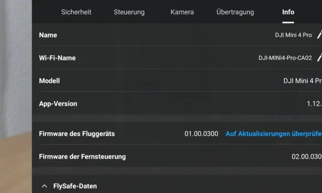Infos in der DJI Mini 2 App: Modell DJI Mini 4 Pro, App-Version 1.12.4, Firmware-Status und mehr.