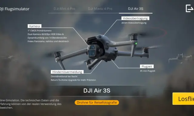 DJI Flugsimulator mit DJI Air 3S, Kamera- und Flugzeitdetails. Üben Sie mit der dji virtual flight app.