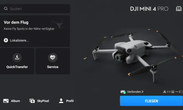 DJI Mini 4 Pro mit der dji fly app android. Vor dem Flug: Lokalisiere Fly Spots, QuickTransfer, Service. Fliegen.