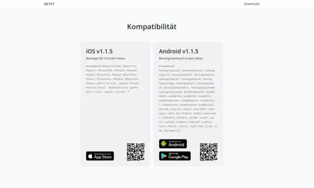 Kompatibilitätsliste für die DJI FLY App: iOS ab 10.0, Android ab 6.0. Hier finden Sie Geräte, um die DJI FLY App zu installieren.