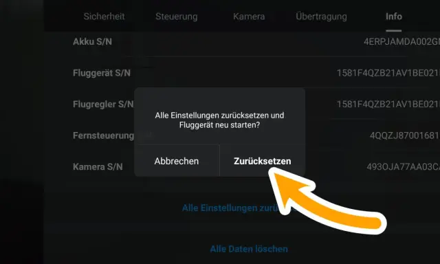 DJI Spark App: Dialogfeld fragt, ob alle Einstellungen zurückgesetzt und das Fluggerät neu gestartet werden sollen.