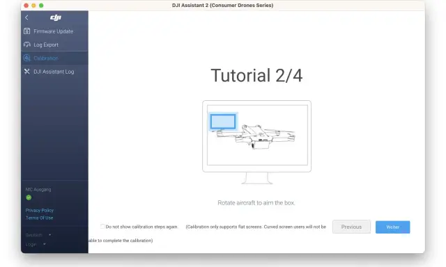 DJI Assistant 2 zeigt Tutorial 2/4 zur Kalibrierung eines Fluggeräts. Drehen Sie das Fluggerät, um die Box anzuvisieren.