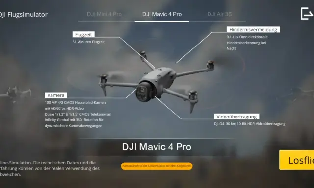 DJI Flugsimulator zeigt die DJI Mavic 4 Pro mit Details zu Flugzeit, Kamera und Hindernisvermeidung.