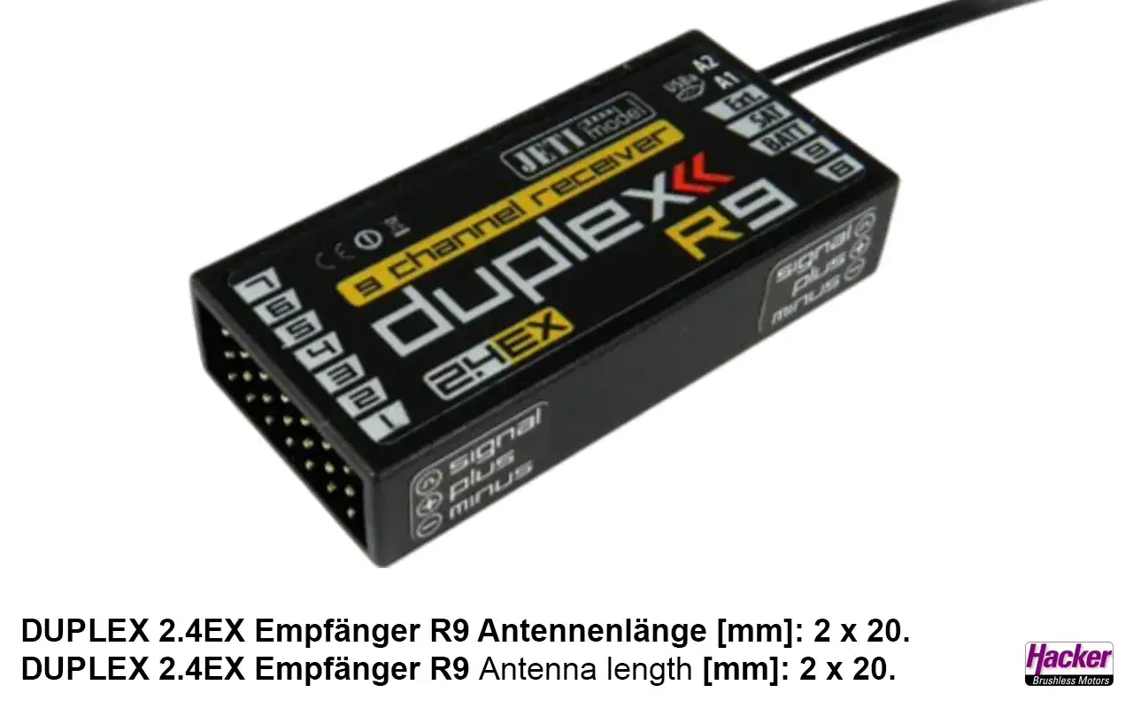 Jeti Duplex R9 9-Kanal Empfänger mit zwei Antennen. Ideal für Modellbau.