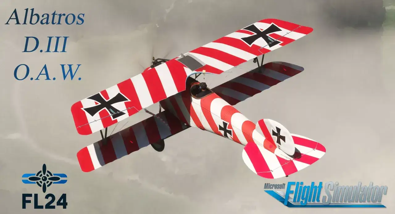Ein rot-weiß gestreiftes Albatros D.III O.A.W. Flugzeug fliegt im Microsoft Flight Simulator.