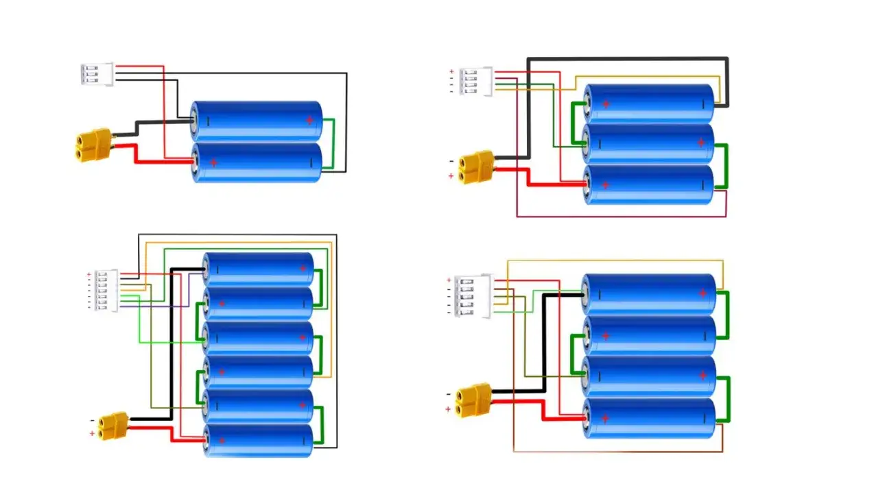 Vier verschiedene batterie schaltung Beispiele mit 2, 4, 6 und 8 Batterien, die mit Kabeln und Steckern verbunden sind.