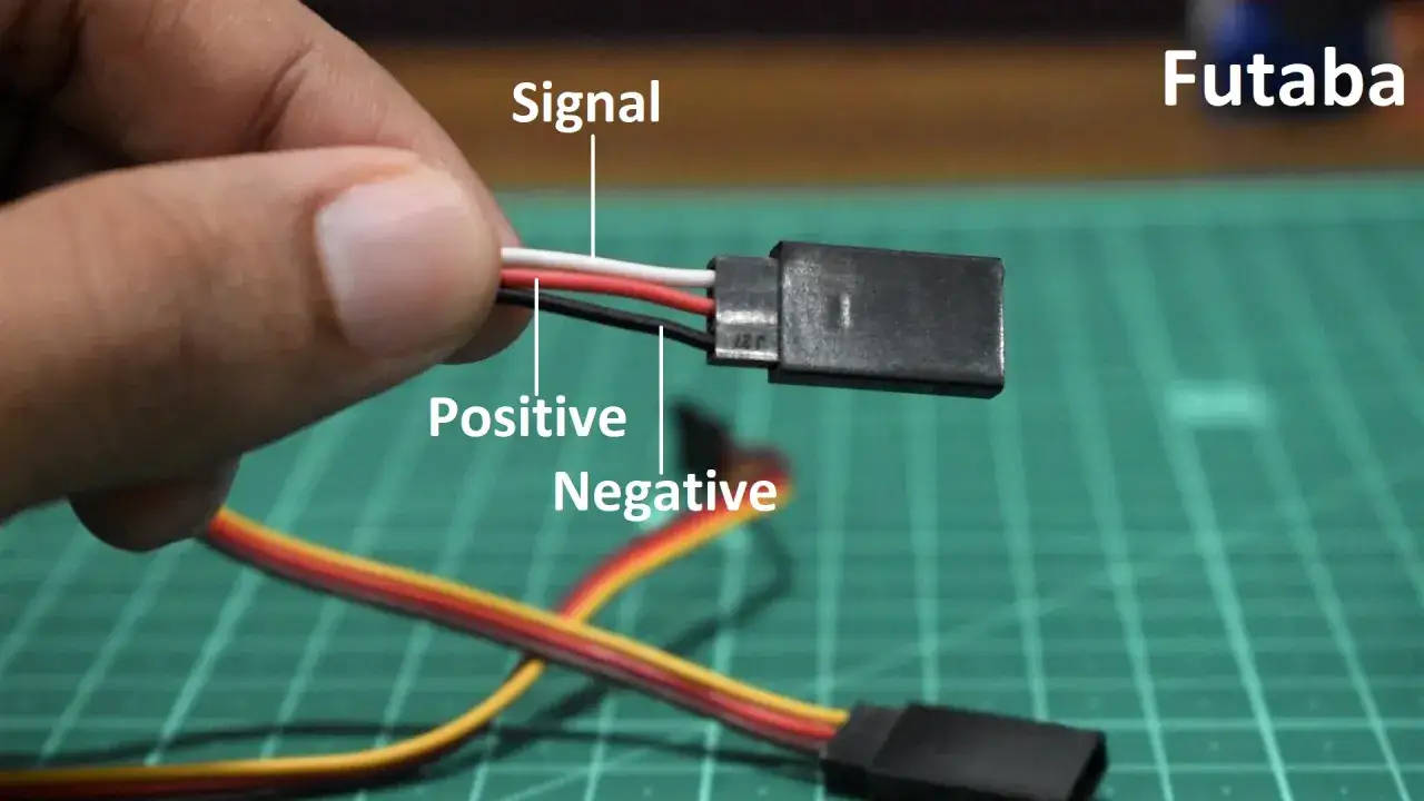 Ein Futaba servo verl&auml;ngerungskabel mit beschrifteten Leitungen: Signal (wei&szlig;), Positive (rot) und Negative (schwarz).