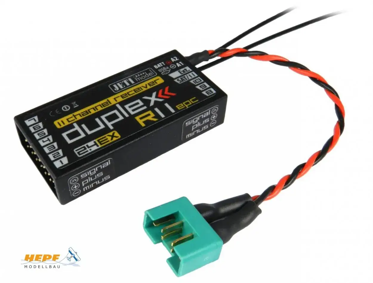 Jeti model Duplex R11 2.4EX 11-Kanal Empfänger mit Kabeln und Stecker für Modellbau.