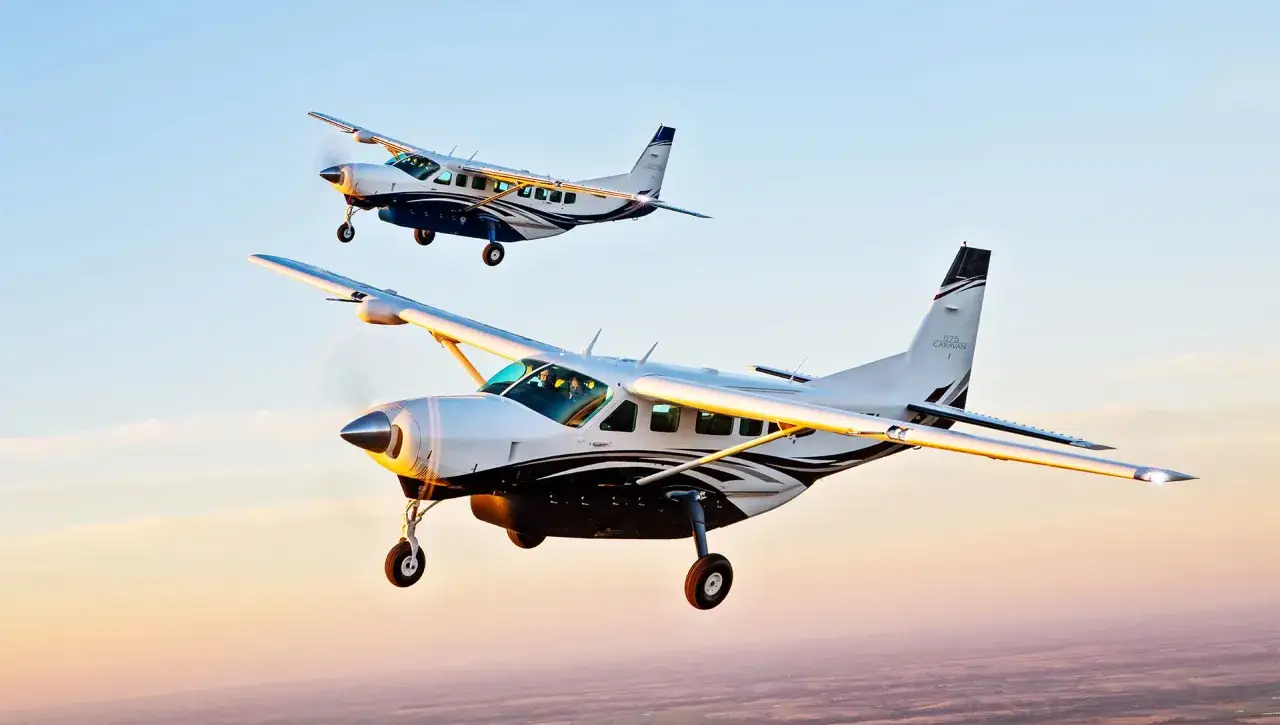 Zwei Cessna Caravan Modelle fliegen im Sonnenuntergang.