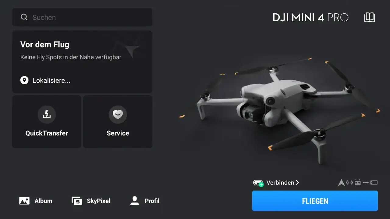DJI Mini 4 Pro mit der DJI Fly App. Bereit zum Abheben, aber keine Fly Spots in der Nähe.