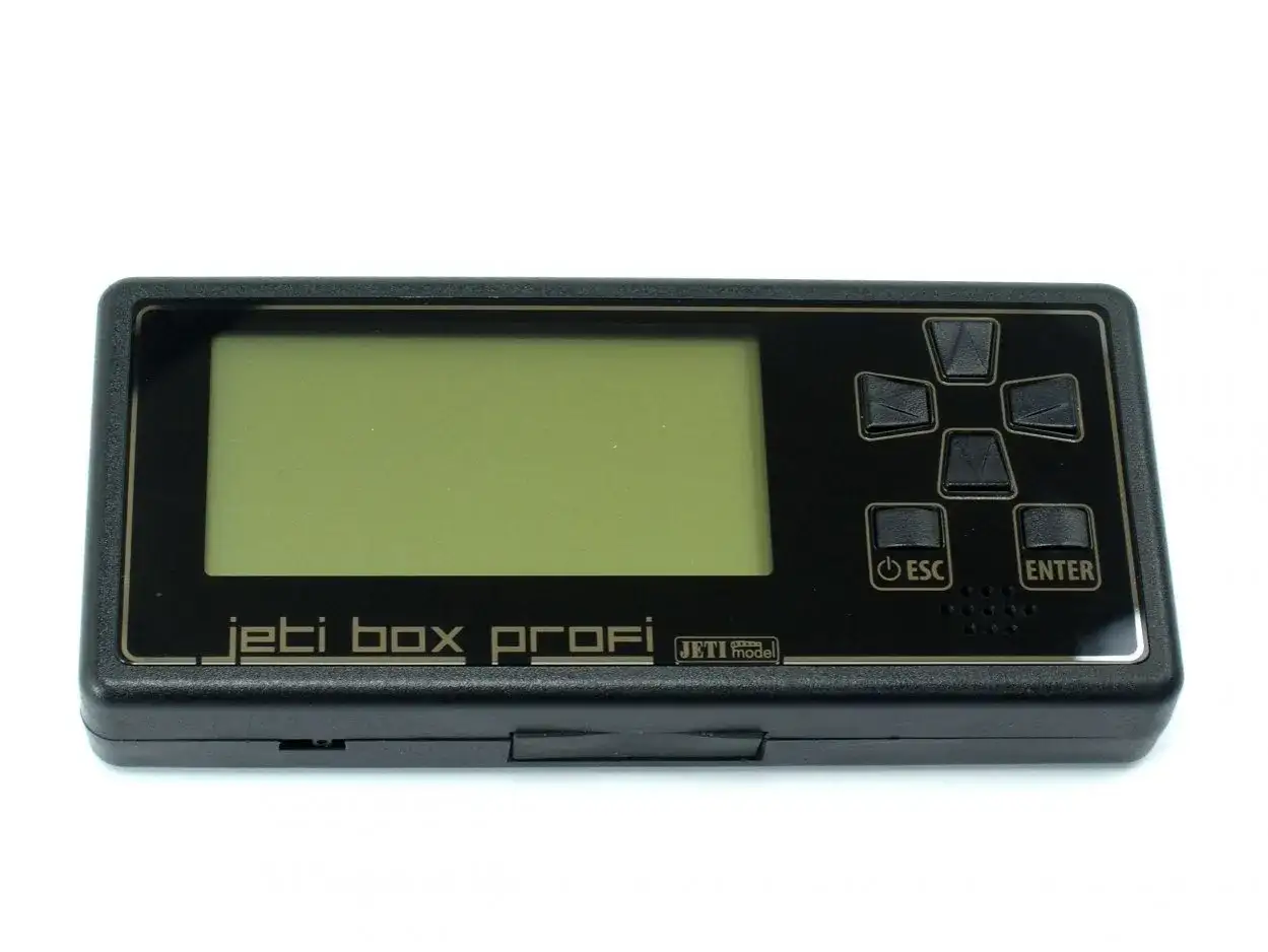 Schwarzes Jeti Box Profi mit großem Display und Navigationstasten. Perfekt für Modellbauer.