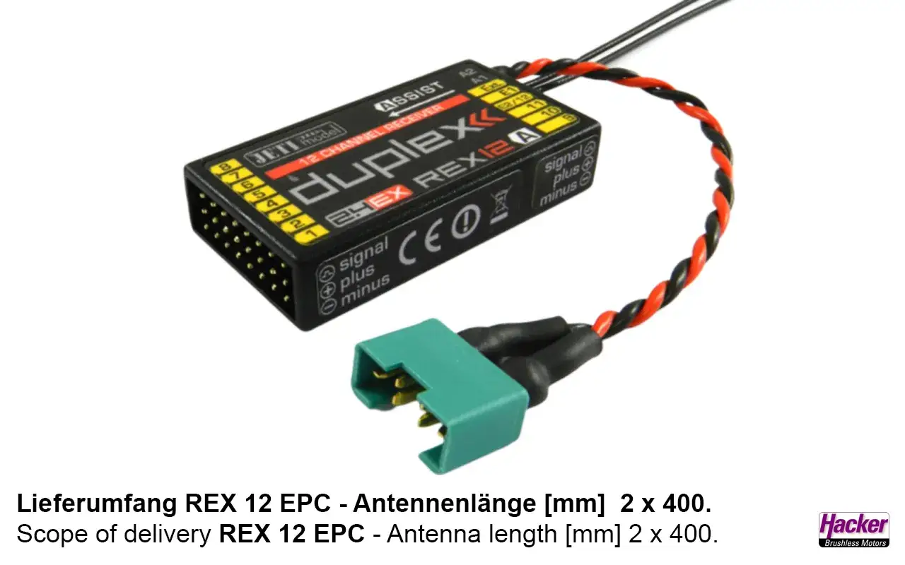 Jeti Duplex REX 12A Empfänger mit 12 Kanälen und grünem Anschluss.