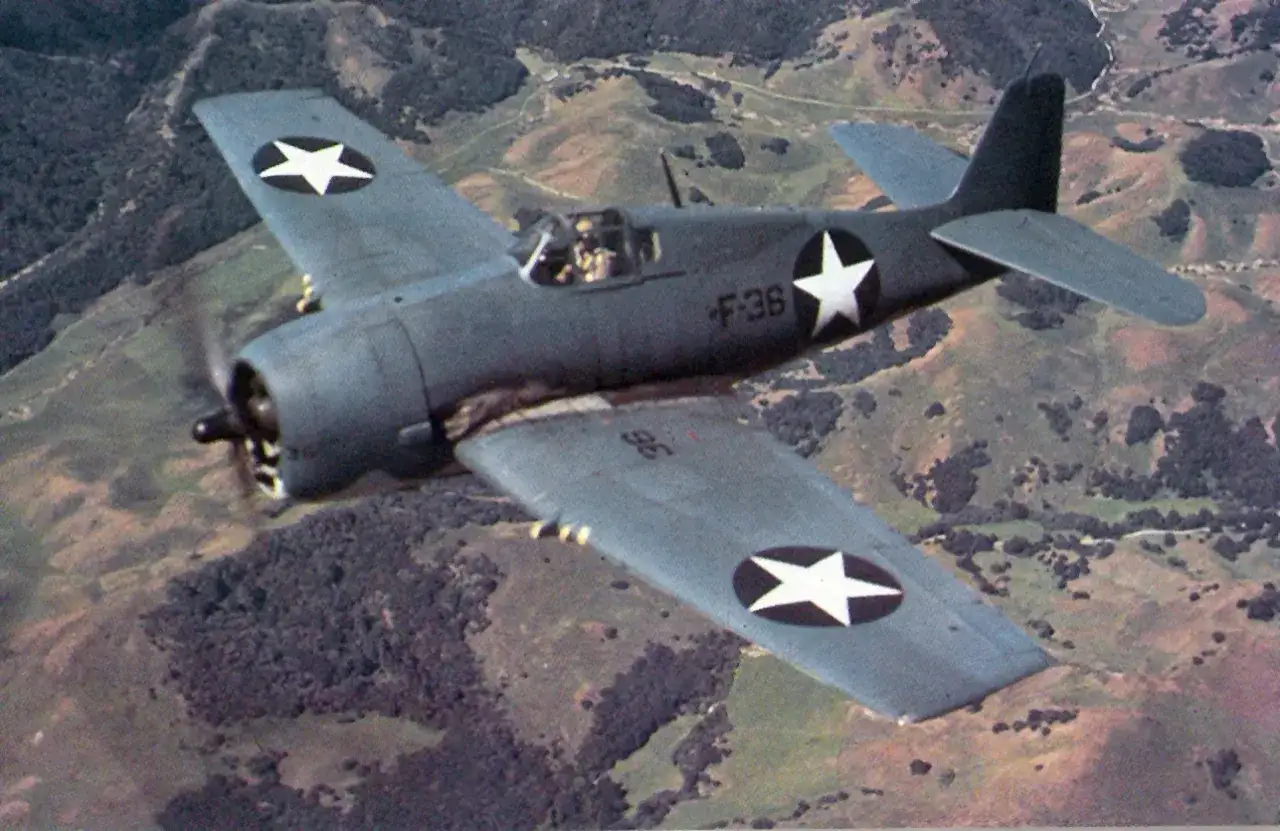 Ein blaues Hellcat-Flugzeug mit Sternenmarkierungen fliegt über eine hügelige, bewaldete Landschaft.