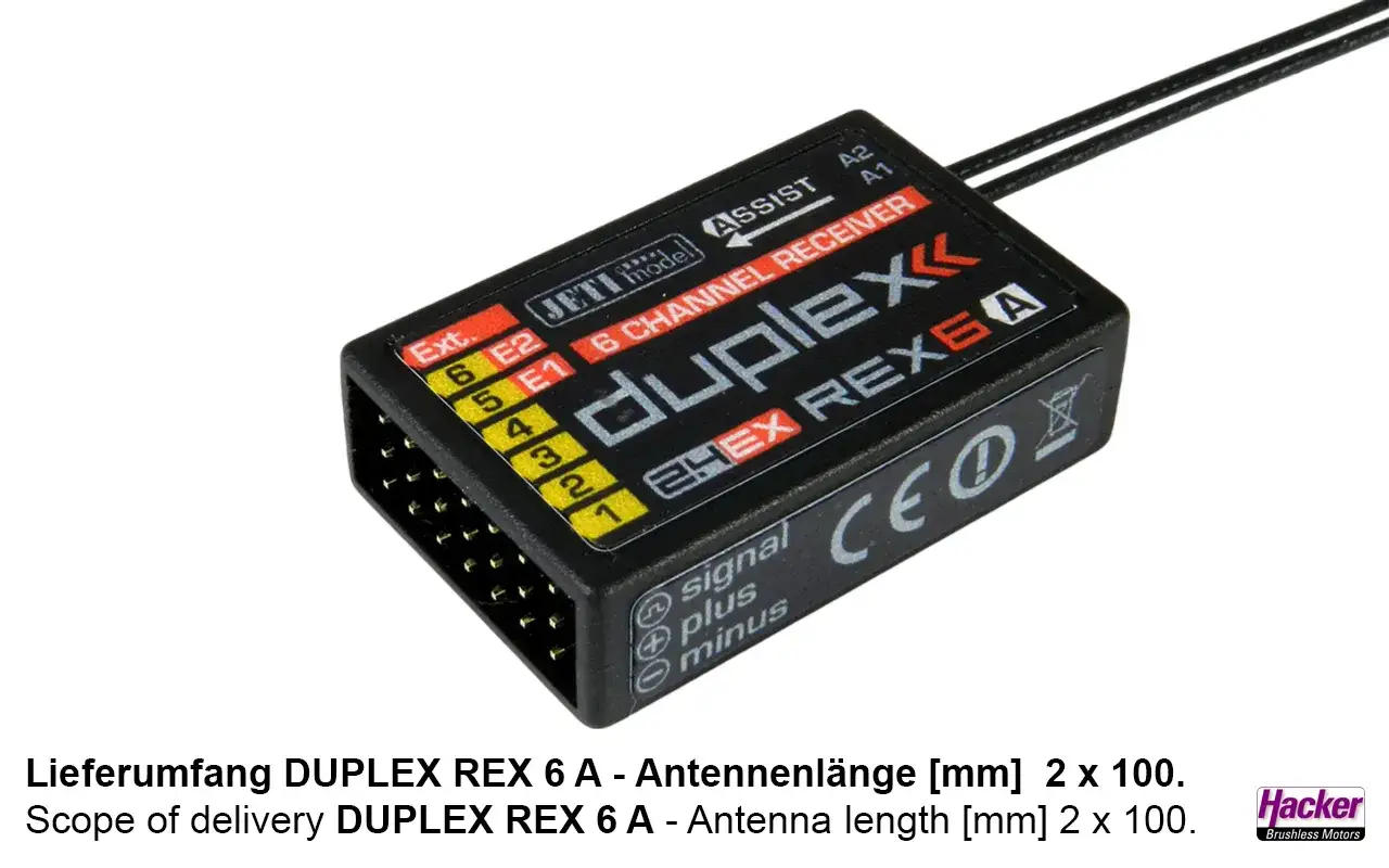 Jeti Duplex REX 6 A Empf&auml;nger mit 6 Kan&auml;len und zwei Antennen.