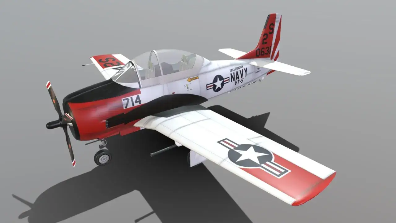 Ein T28 Flugzeug der US Navy, Modell VT-5, mit der Kennung 714 und der Nummer 063 auf dem Leitwerk.