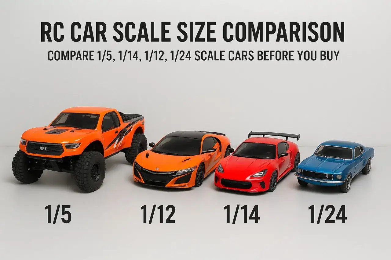 Vergleich von RC-Autos in verschiedenen Maßstäben (1/5, 1/12, 1/14, 1/24). Ein orangefarbener Truck, ein orangefarbener Sportwagen, ein roter Sportwagen und ein blauer Oldtimer. Der beste RC-Auto-Hersteller bietet Vielfalt.