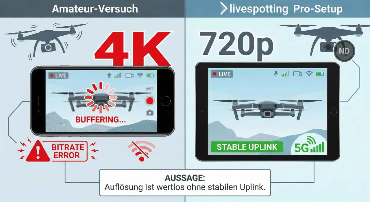 Vergleich: Amateur-Drohne mit 4K-Auflösung und Pufferung vs. Pro-Setup mit 720p und stabilem Uplink. Die dji reichweite ist entscheidend.