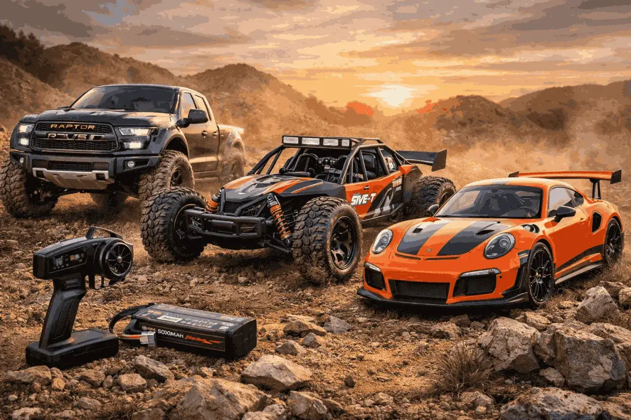 Drei ferngesteuerte Modelle: ein schwarzer Pick-up, ein orange-schwarzer Buggy und ein orangefarbener Sportwagen, bereit für ein Offroad-Abenteuer.