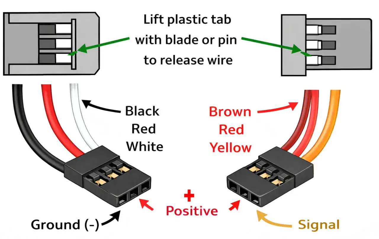 Anleitung zum Lösen von Drähten aus einem Futaba Stecker. Zeigt zwei Stecker mit Kabeln und deren Bezeichnungen (Schwarz, Rot, Weiß für Masse/Plus/Signal und Braun, Rot, Gelb für Masse/Plus/Signal).