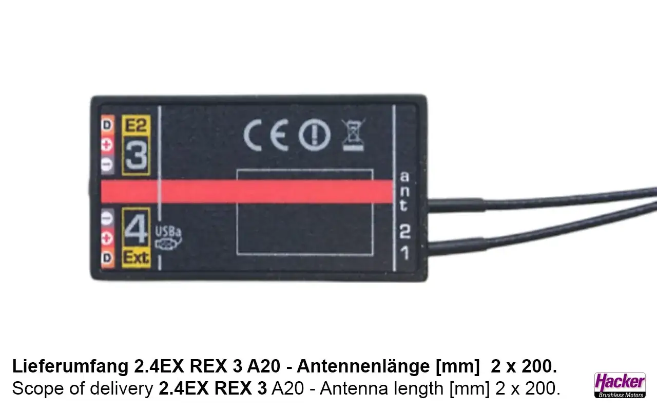 Jeti Rex 3 Empfänger mit zwei Antennenanschlüssen und USB-Port.