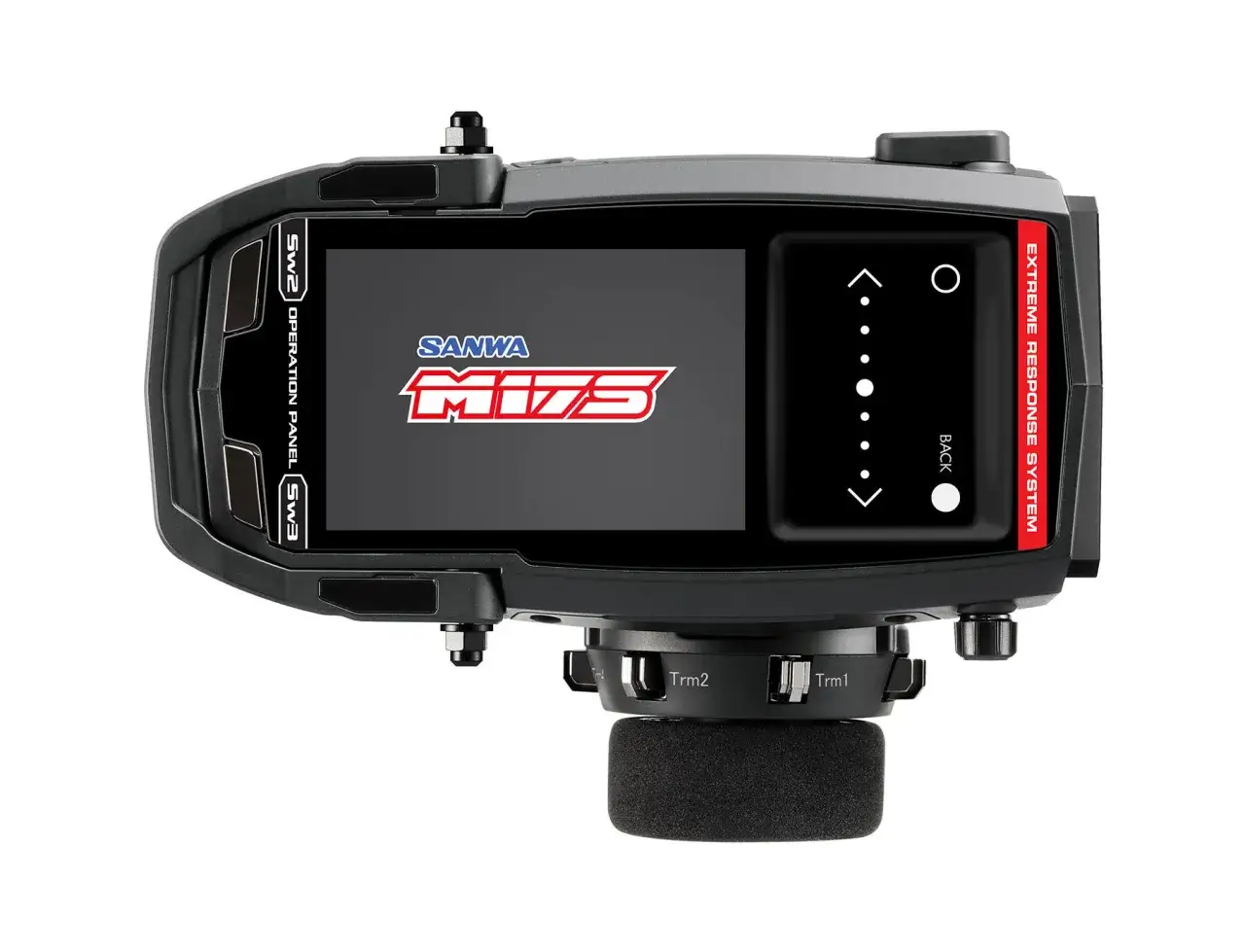 Sanwa M17 Fernsteuerung mit Display und Bedienelementen, bereit für höchste Präzision.