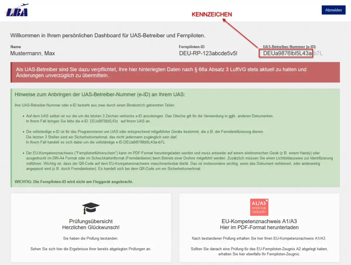 Dashboard für Drohnenbetreiber: Hier muss man Drohnen anmelden und die e-ID anbringen.