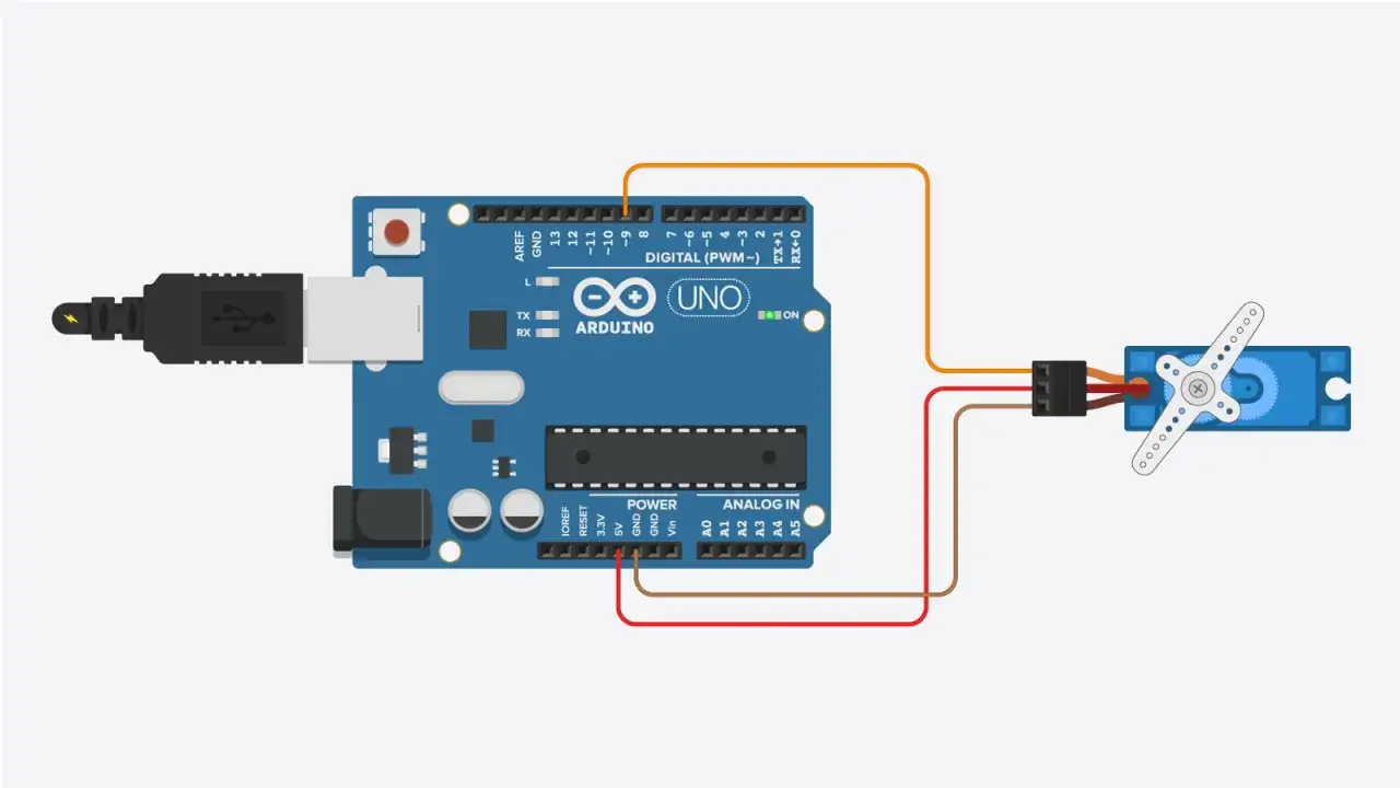 Arduino Uno mit angeschlossenem USB-Kabel und einem Servo. Ein dreiadriges Kabel verbindet den Servo mit dem Arduino.