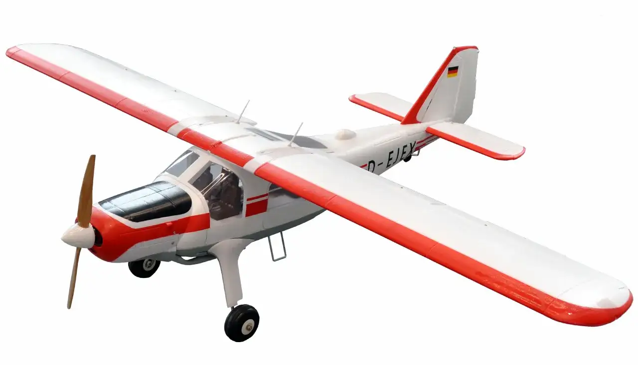 Modellflugzeug mit roten Streifen, Kennzeichen D-EJEX, deutsche Flagge am Leitwerk.