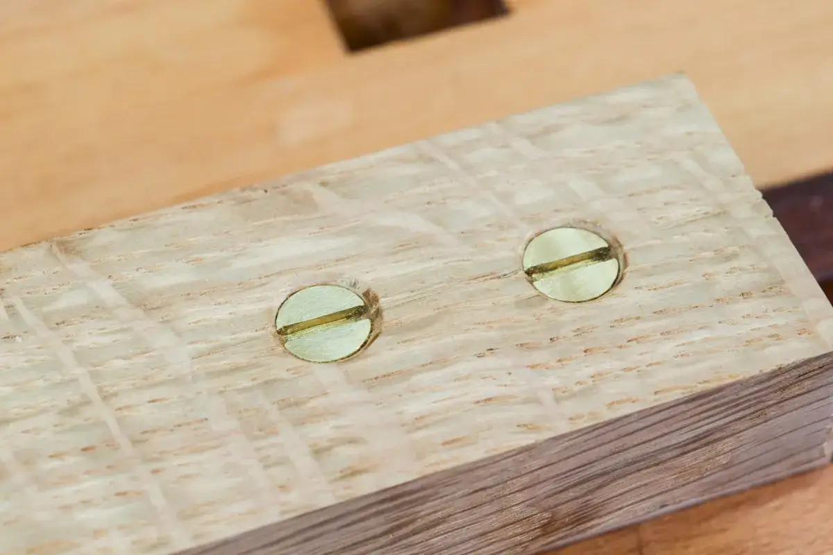 Zwei glänzende Messingschrauben halten ein Stück Holz zusammen.