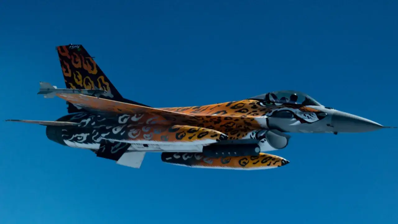 Ein Kampfjet im Tiger-Look fliegt durch den blauen Himmel.