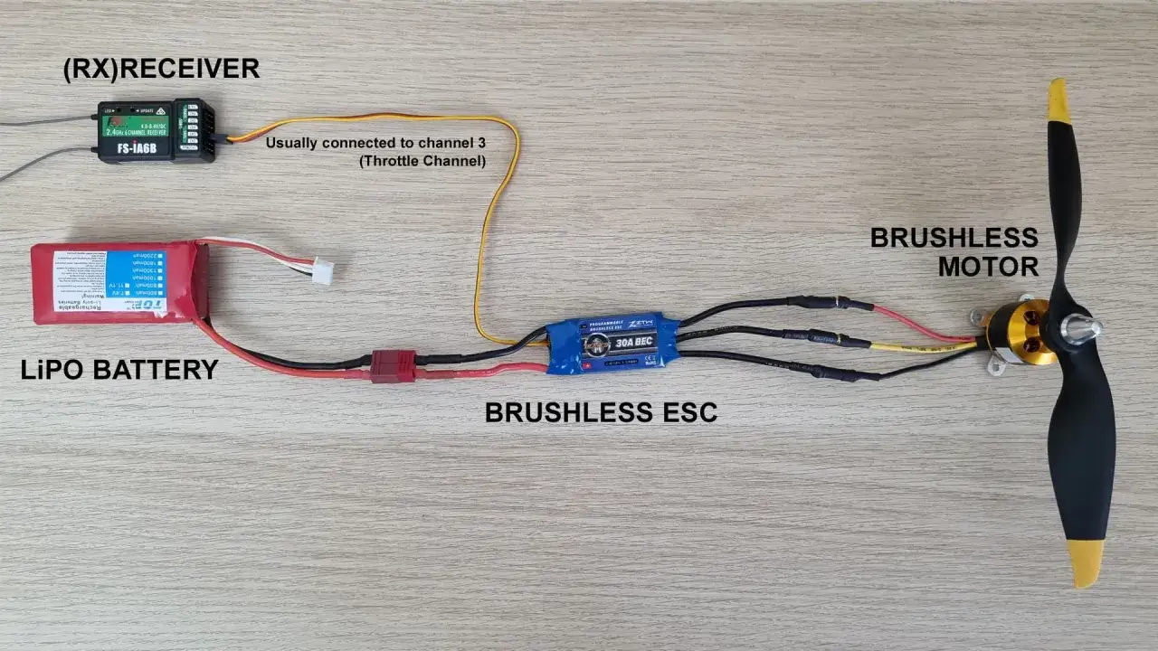 Verkabelung für einen Brushless ESC: LiPo-Akku, Empfänger und Motor sind verbunden.