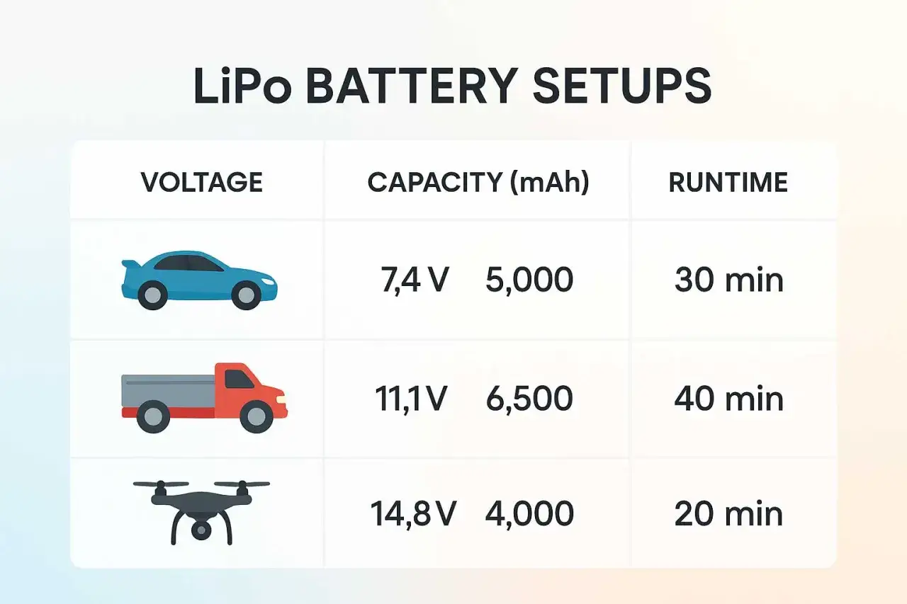 Tabelle zeigt LiPo-Akkus für Auto (7,4V, 30 Min.), Truck (11,1V, 40 Min.) und Drohne (14,8V, 20 Min.).