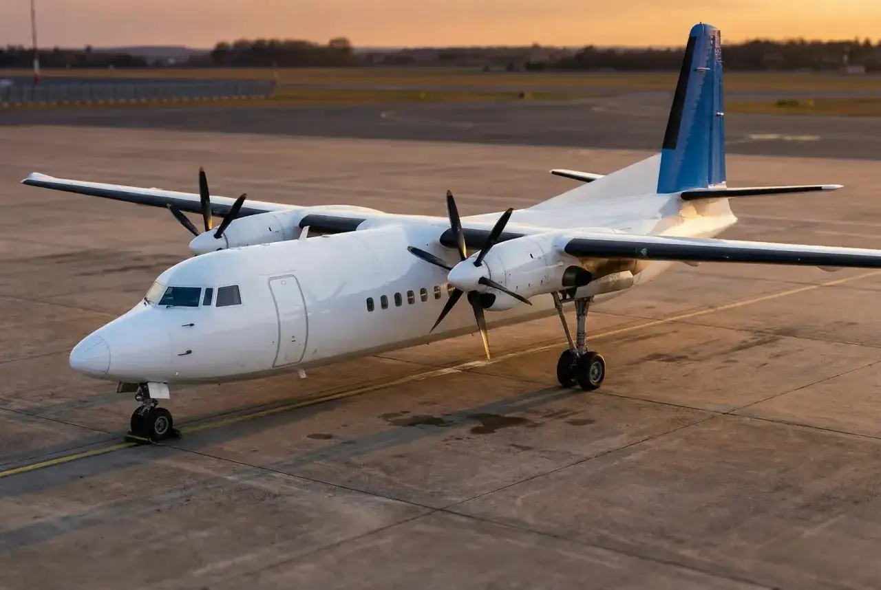 Ein weißes Fokker Flugzeug mit blauer Heckflosse steht auf dem Rollfeld im Abendlicht.