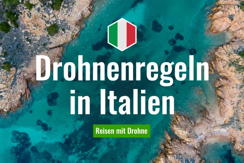 Drohnenregeln in Italien: Ein Hexagon mit italienischer Flagge über einer Küstenlandschaft. Reisen mit Drohne.